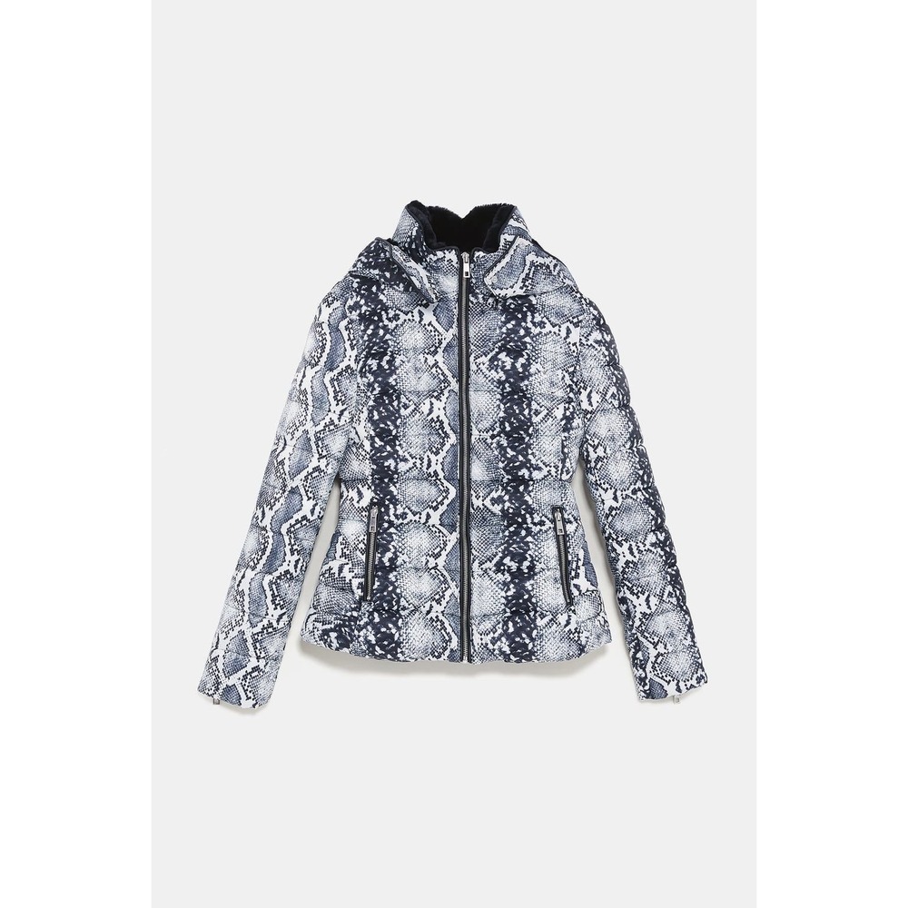 Zara Snakeskin Print Puffer Jacket Hooded Full Zip Quilted Coat‎ Size S